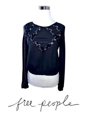 Free People Black Top with Lace Inset
